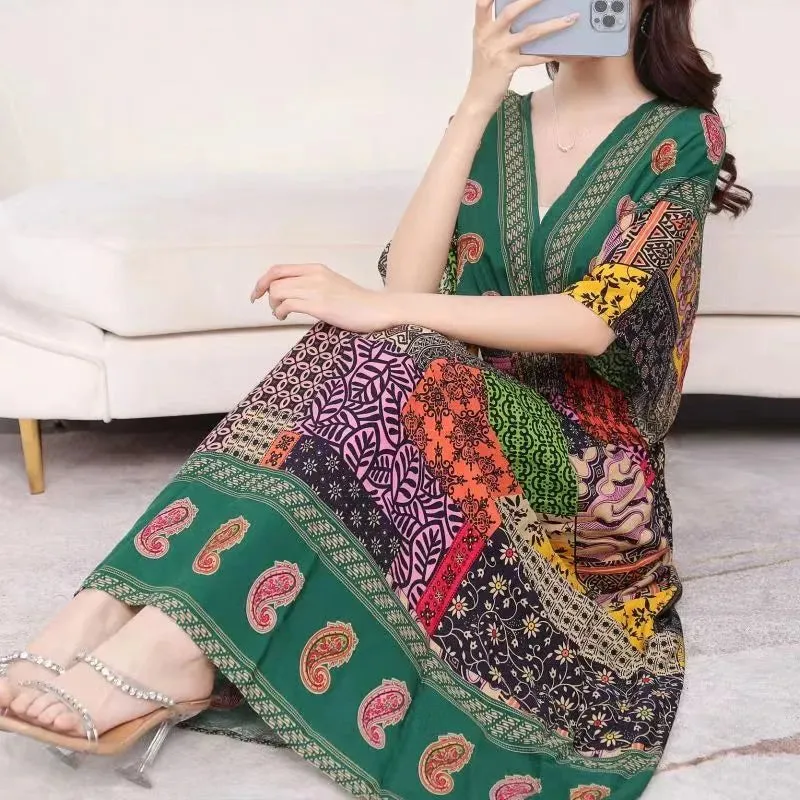 Elegant Retro Style V-neck Tunic Large Swing Printed Dress Long Skirt