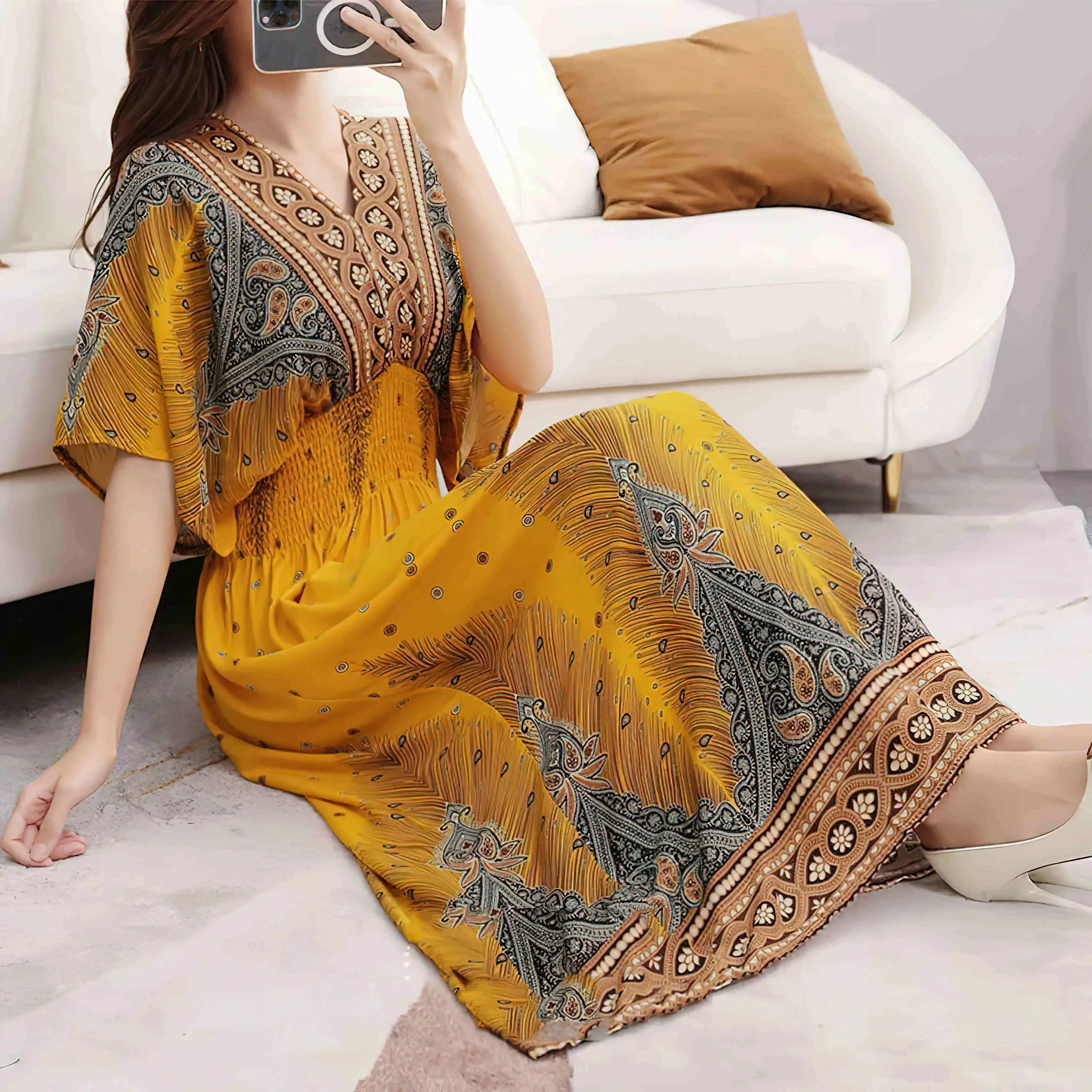 Elegant Retro Style V-neck Tunic Large Swing Printed Dress Long Skirt