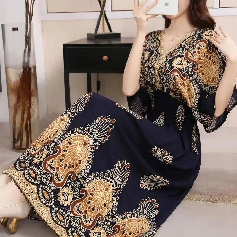 Elegant Retro Style V-neck Tunic Large Swing Printed Dress Long Skirt