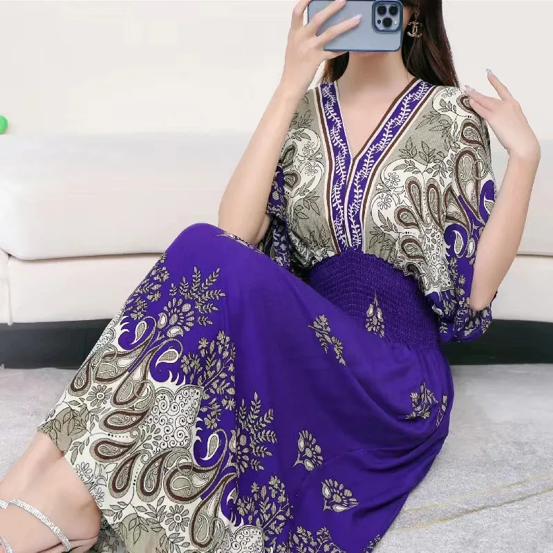 Elegant Retro Style V-neck Tunic Large Swing Printed Dress Long Skirt