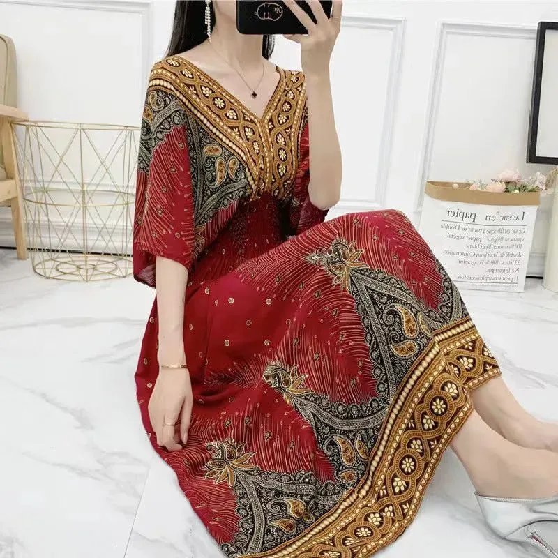 Elegant Retro Style V-neck Tunic Large Swing Printed Dress Long Skirt