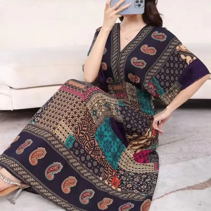 Elegant Retro Style V-neck Tunic Large Swing Printed Dress Long Skirt
