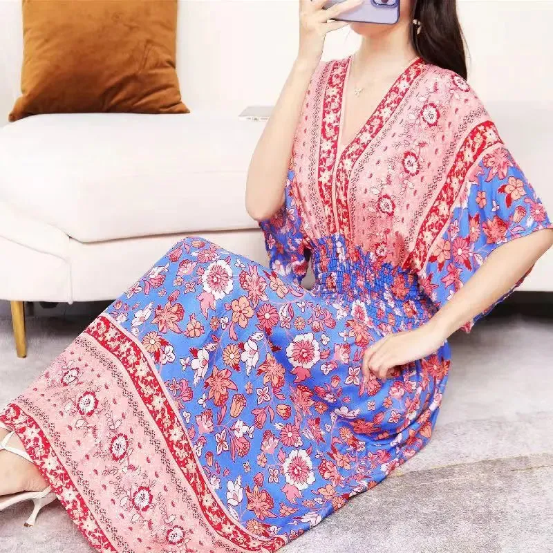 Elegant Retro Style V-neck Tunic Large Swing Printed Dress Long Skirt