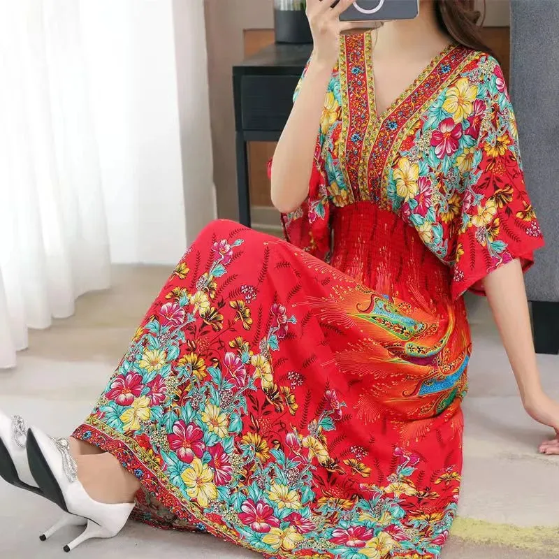 Elegant Retro Style V-neck Tunic Large Swing Printed Dress Long Skirt