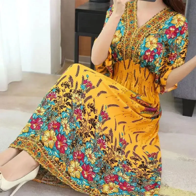 Elegant Retro Style V-neck Tunic Large Swing Printed Dress Long Skirt