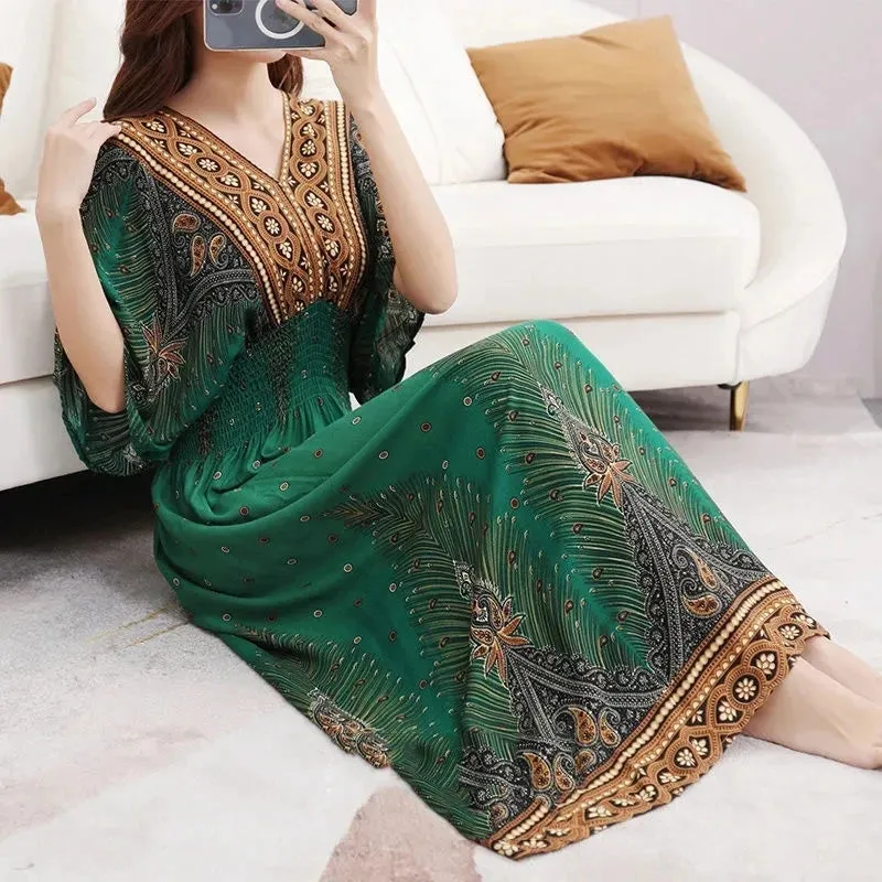 Elegant Retro Style V-neck Tunic Large Swing Printed Dress Long Skirt