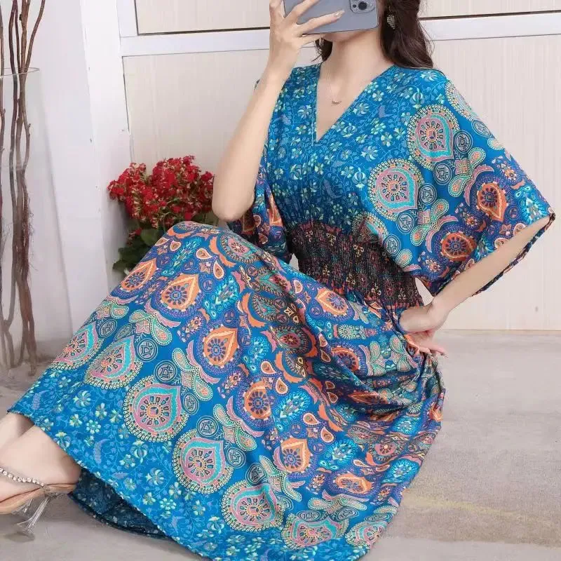 Elegant Retro Style V-neck Tunic Large Swing Printed Dress Long Skirt