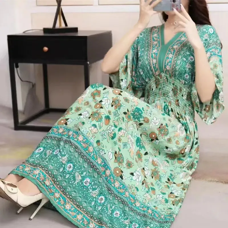 Elegant Retro Style V-neck Tunic Large Swing Printed Dress Long Skirt