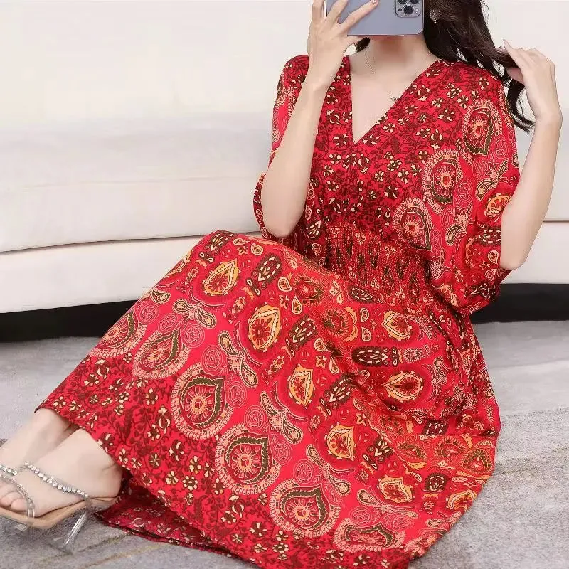 Elegant Retro Style V-neck Tunic Large Swing Printed Dress Long Skirt