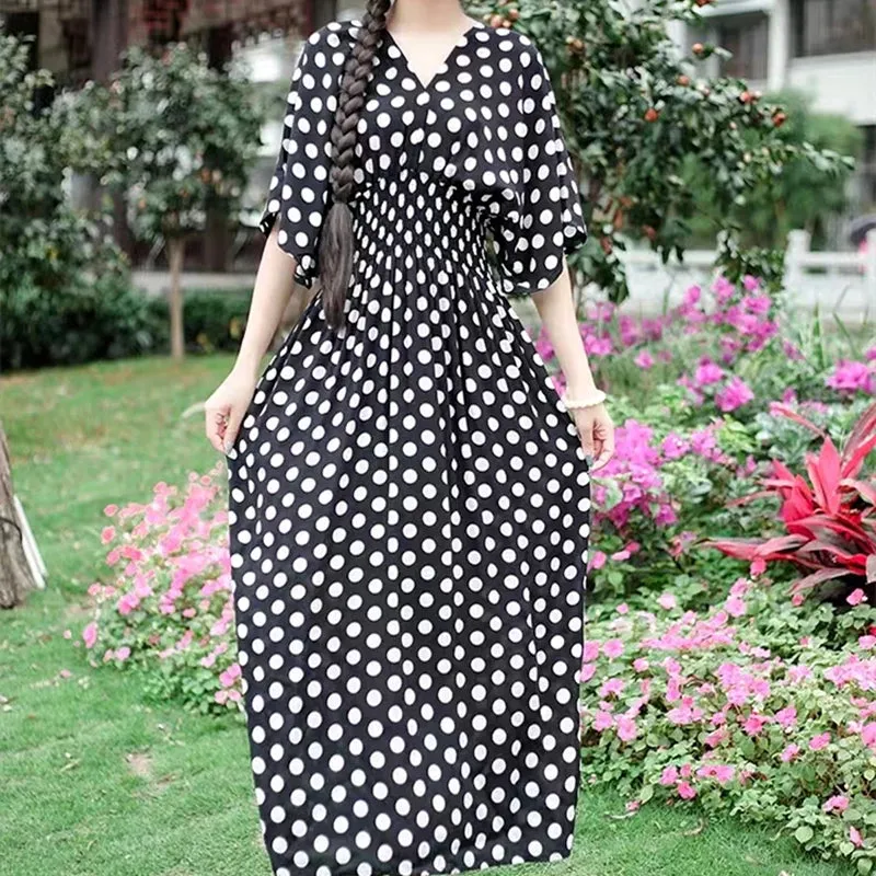 Elegant Retro Style V-neck Tunic Large Swing Printed Dress Long Skirt