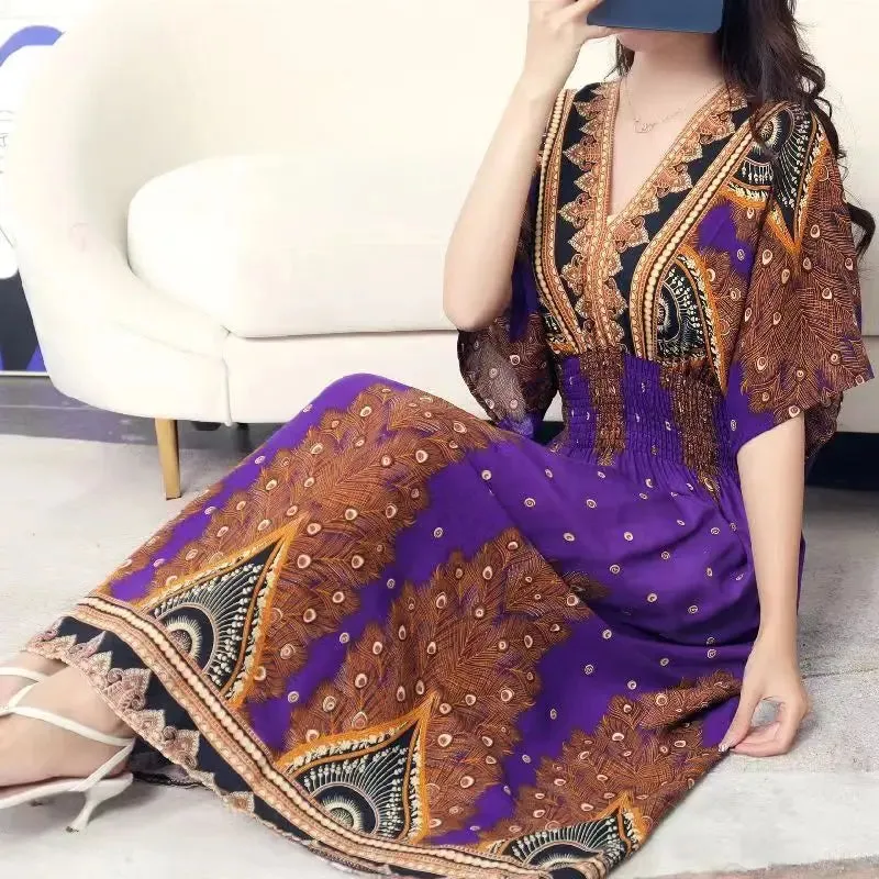 Elegant Retro Style V-neck Tunic Large Swing Printed Dress Long Skirt