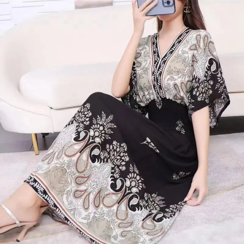 Elegant Retro Style V-neck Tunic Large Swing Printed Dress Long Skirt
