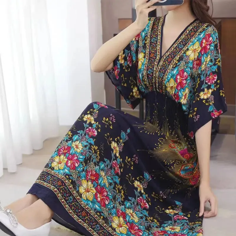Elegant Retro Style V-neck Tunic Large Swing Printed Dress Long Skirt