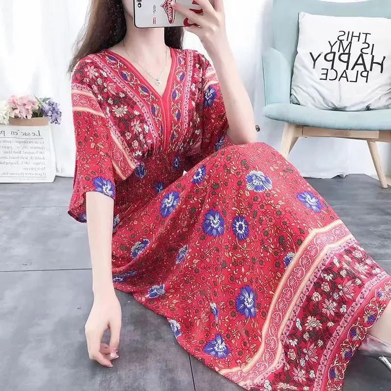 Elegant Retro Style V-neck Tunic Large Swing Printed Dress Long Skirt