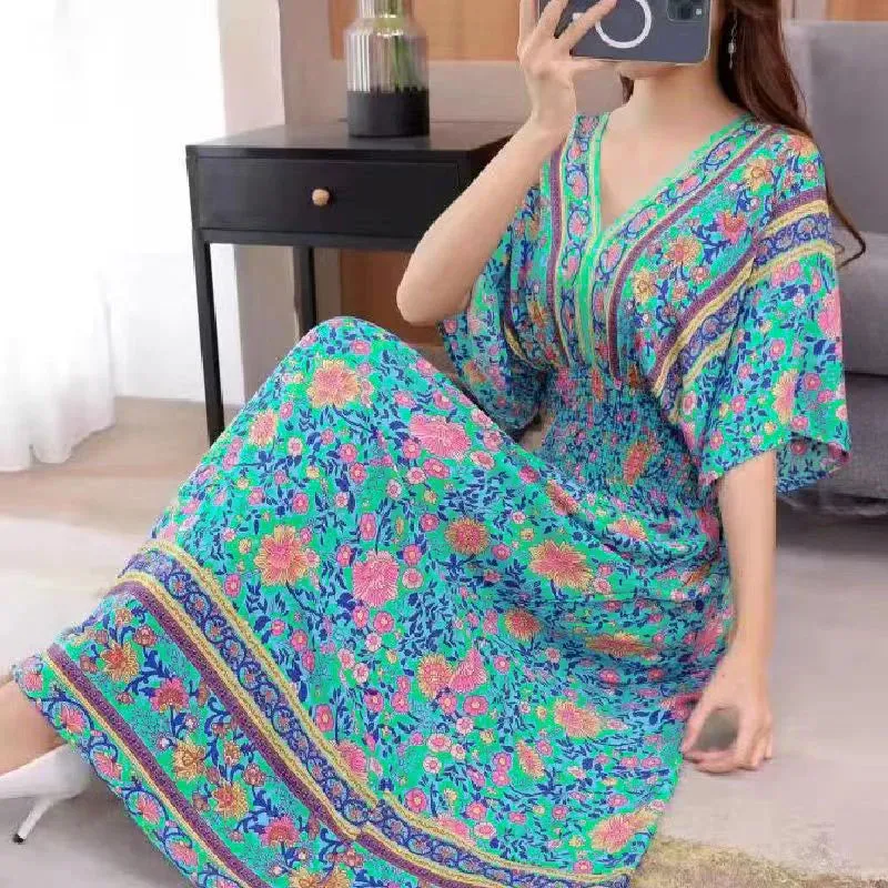 Elegant Retro Style V-neck Tunic Large Swing Printed Dress Long Skirt