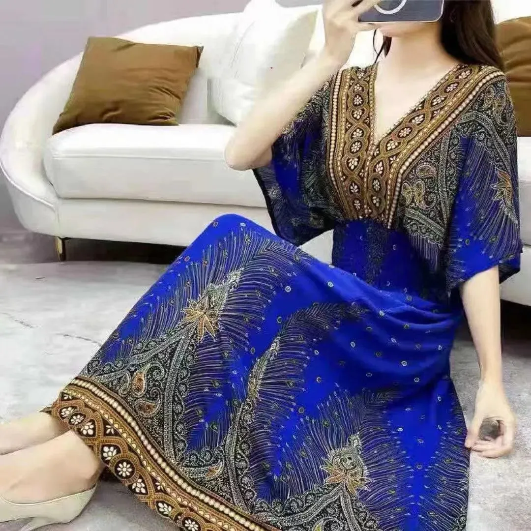 Elegant Retro Style V-neck Tunic Large Swing Printed Dress Long Skirt