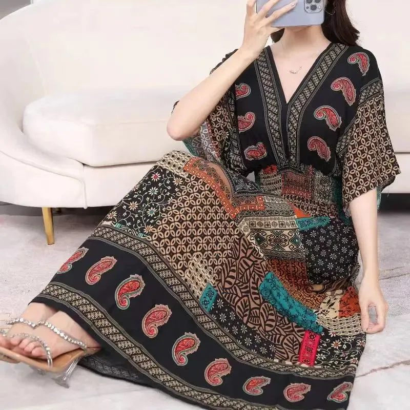 Elegant Retro Style V-neck Tunic Large Swing Printed Dress Long Skirt