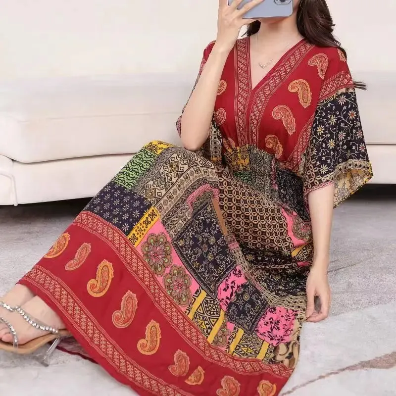 Elegant Retro Style V-neck Tunic Large Swing Printed Dress Long Skirt