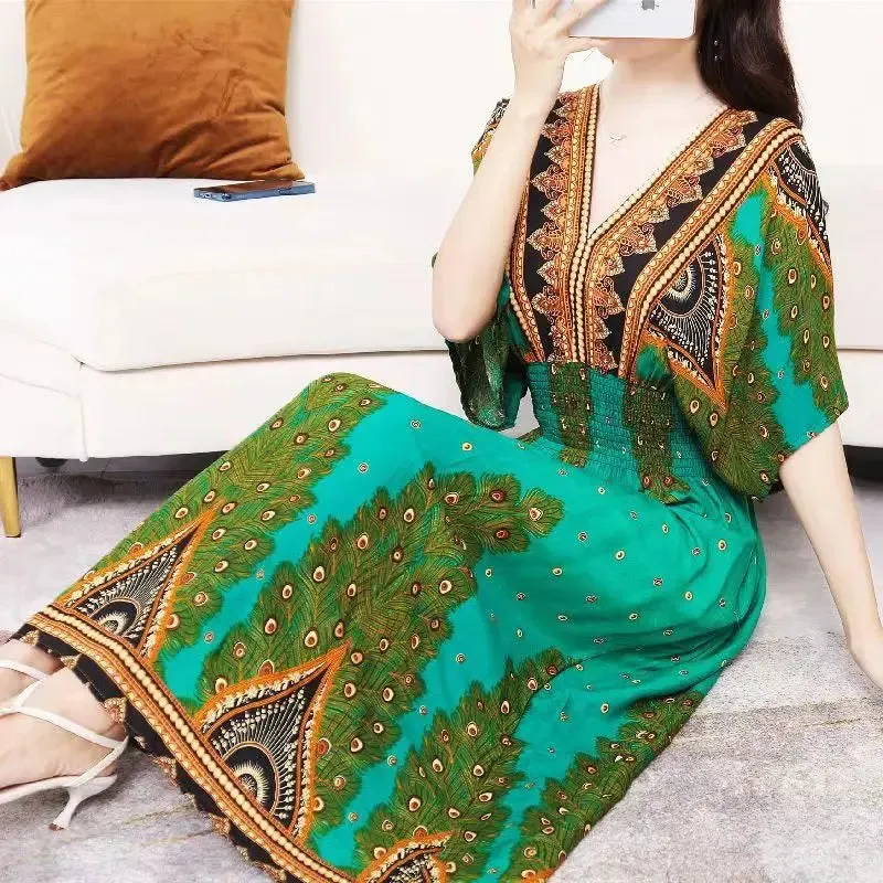 Elegant Retro Style V-neck Tunic Large Swing Printed Dress Long Skirt