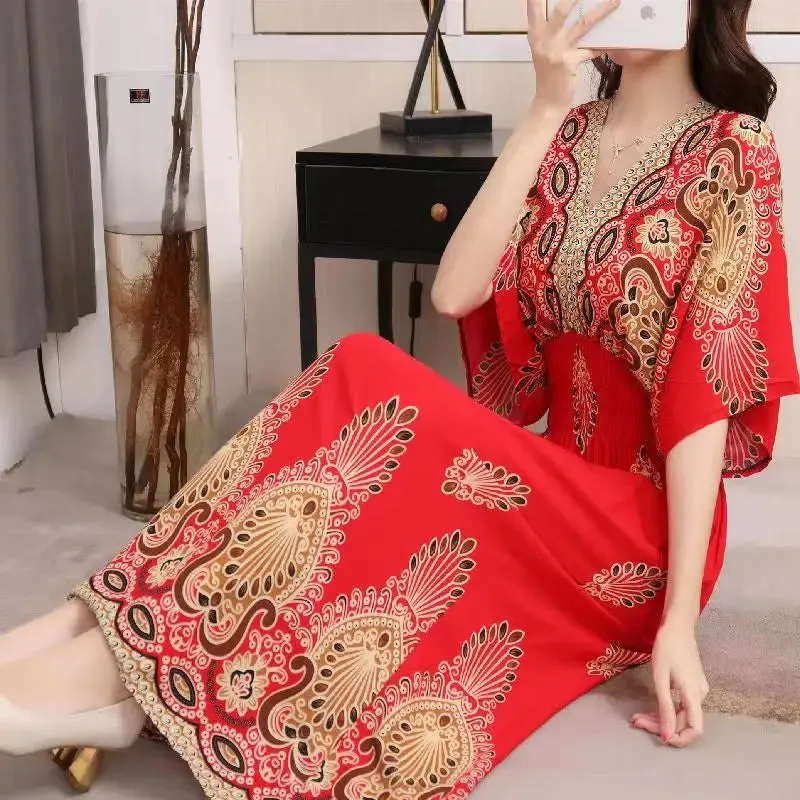 Elegant Retro Style V-neck Tunic Large Swing Printed Dress Long Skirt