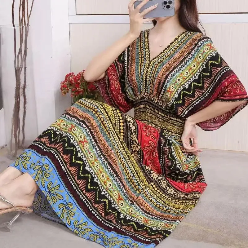Elegant Retro Style V-neck Tunic Large Swing Printed Dress Long Skirt