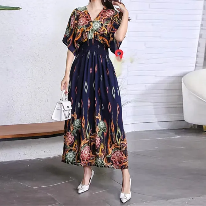 Elegant Retro Style V-neck Tunic Large Swing Printed Dress Long Skirt