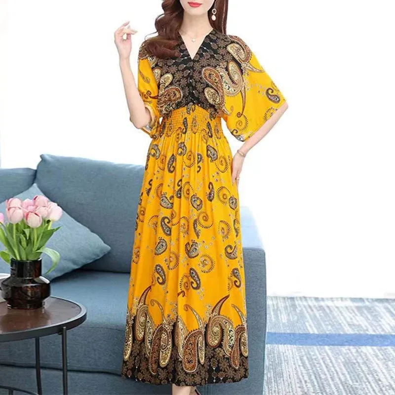 Elegant Retro Style V-neck Tunic Large Swing Printed Dress Long Skirt