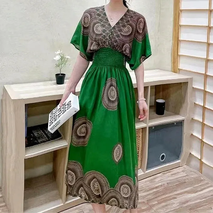 Elegant Retro Style V-neck Tunic Large Swing Printed Dress Long Skirt