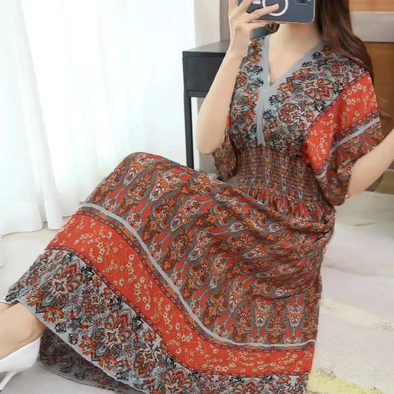 Elegant Retro Style V-neck Tunic Large Swing Printed Dress Long Skirt