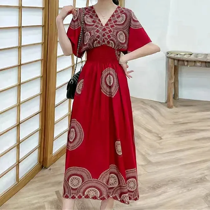 Elegant Retro Style V-neck Tunic Large Swing Printed Dress Long Skirt