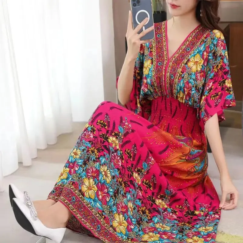 Elegant Retro Style V-neck Tunic Large Swing Printed Dress Long Skirt