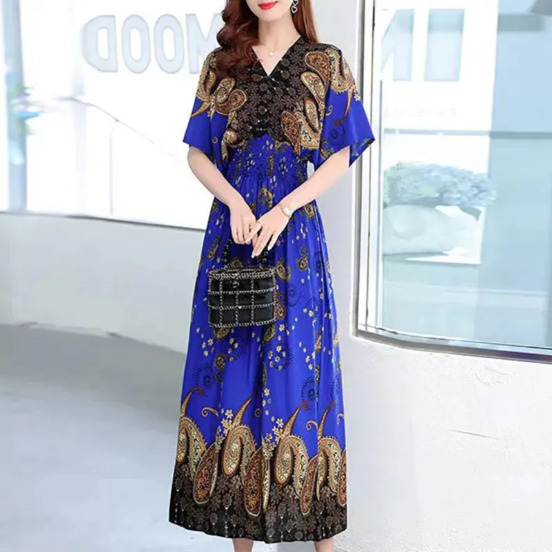 Elegant Retro Style V-neck Tunic Large Swing Printed Dress Long Skirt