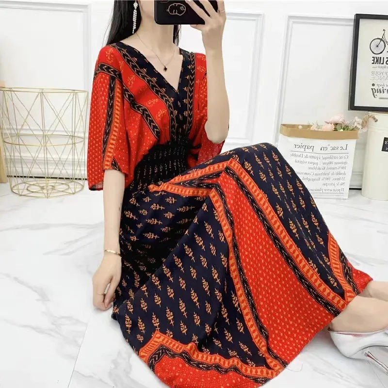Elegant Retro Style V-neck Tunic Large Swing Printed Dress Long Skirt