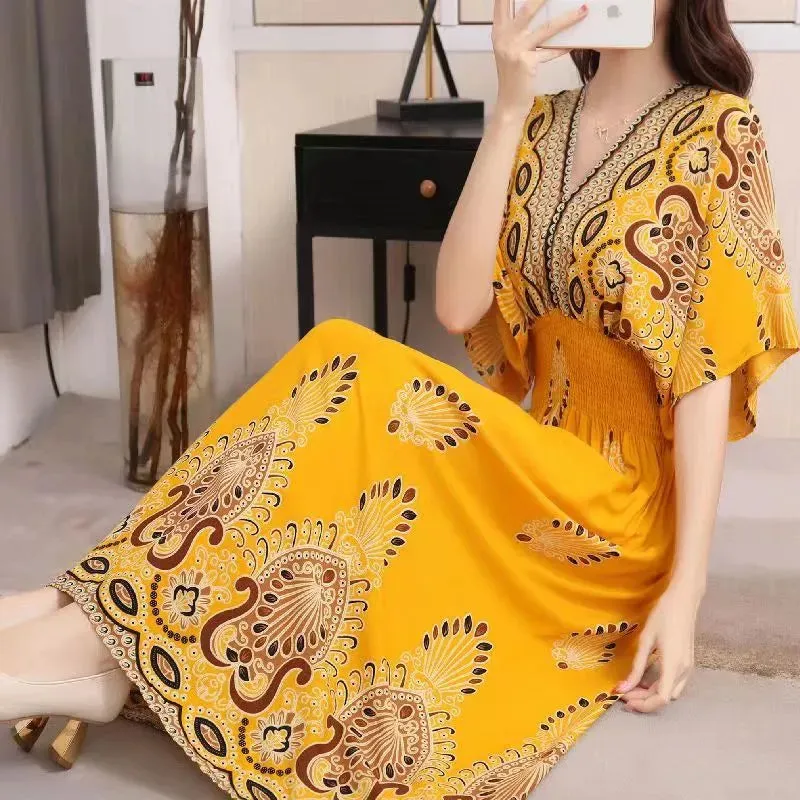 Elegant Retro Style V-neck Tunic Large Swing Printed Dress Long Skirt