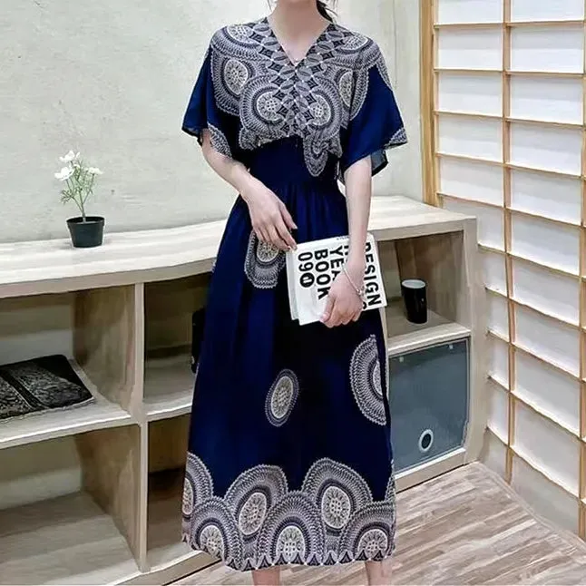 Elegant Retro Style V-neck Tunic Large Swing Printed Dress Long Skirt