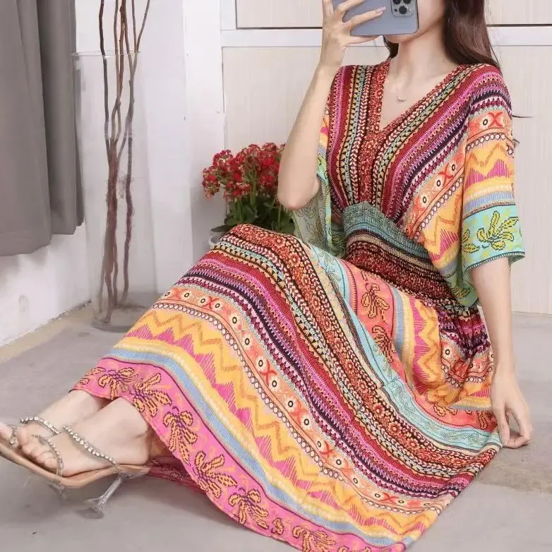Elegant Retro Style V-neck Tunic Large Swing Printed Dress Long Skirt