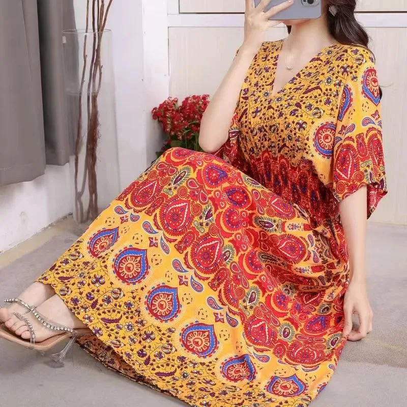 Elegant Retro Style V-neck Tunic Large Swing Printed Dress Long Skirt