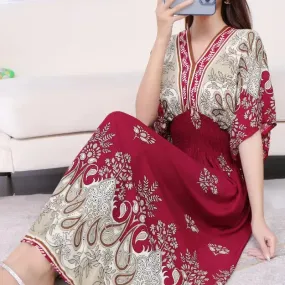 Elegant Retro Style V-neck Tunic Large Swing Printed Dress Long Skirt