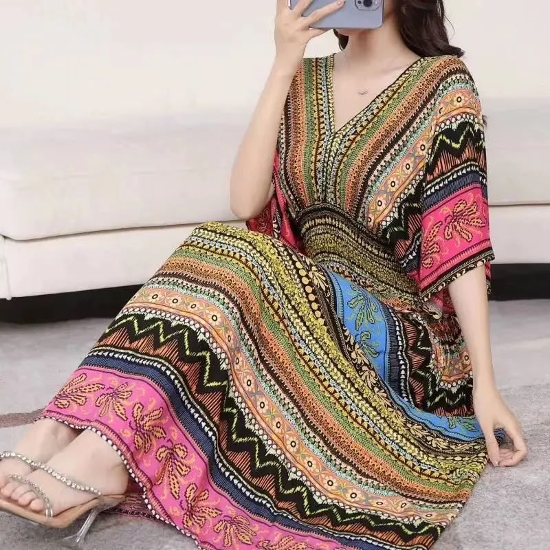 Elegant Retro Style V-neck Tunic Large Swing Printed Dress Long Skirt