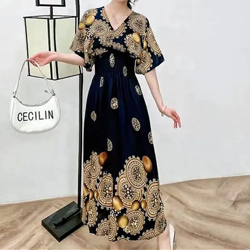 Elegant Retro Style V-neck Tunic Large Swing Printed Dress Long Skirt