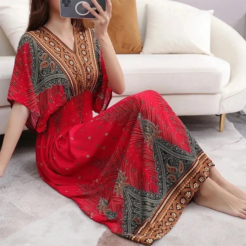 Elegant Retro Style V-neck Tunic Large Swing Printed Dress Long Skirt