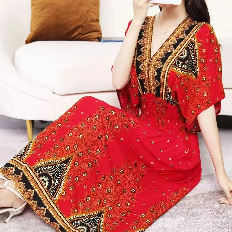 Elegant Retro Style V-neck Tunic Large Swing Printed Dress Long Skirt