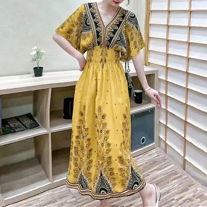 Elegant Retro Style V-neck Tunic Large Swing Printed Dress Long Skirt