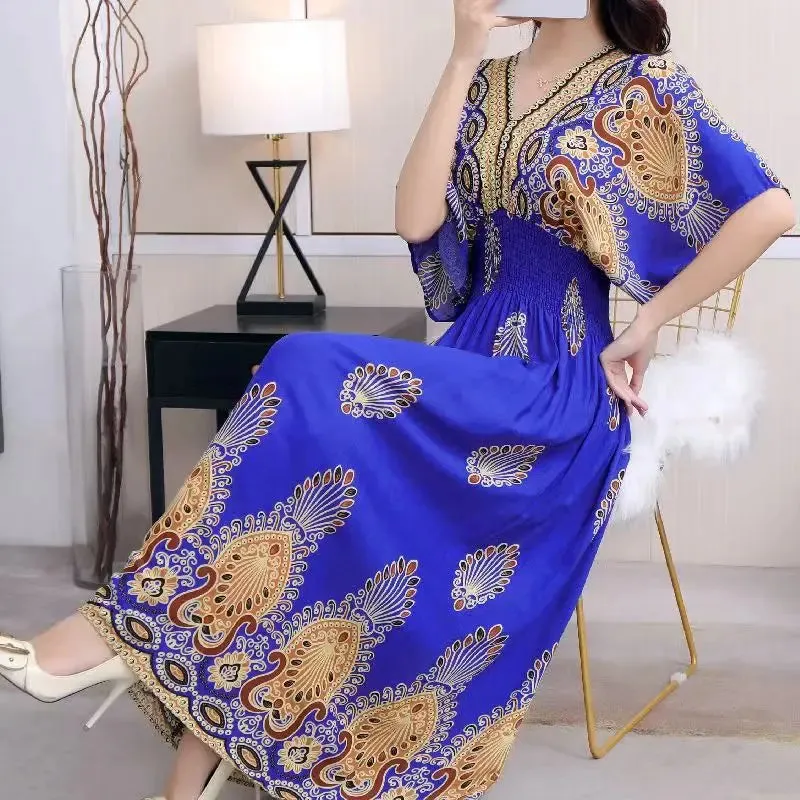 Elegant Retro Style V-neck Tunic Large Swing Printed Dress Long Skirt