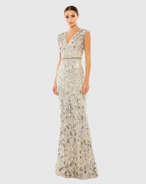 Embellished V-Neck cap sleeve sequin gown - Silver