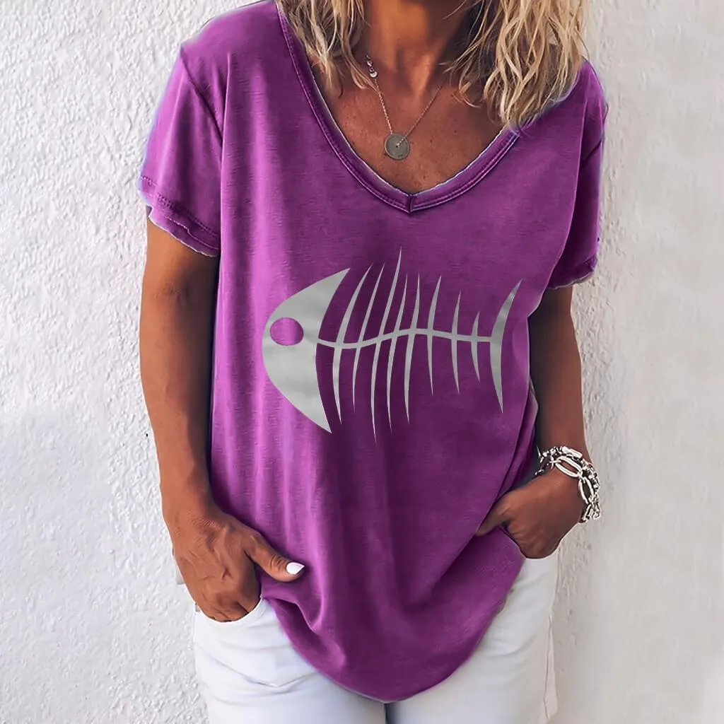 Fish Bone Loose V-neck T-shirt
