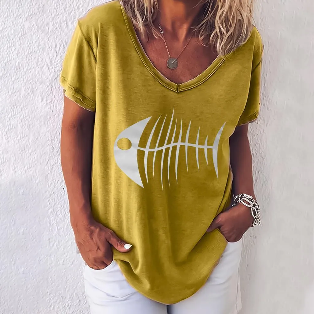 Fish Bone Loose V-neck T-shirt
