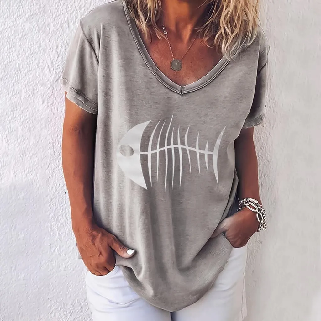 Fish Bone Loose V-neck T-shirt