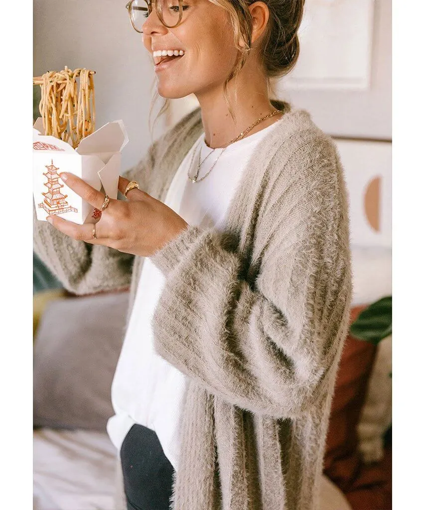 Heavenly Fuzzy Rib Cardigan Taupe