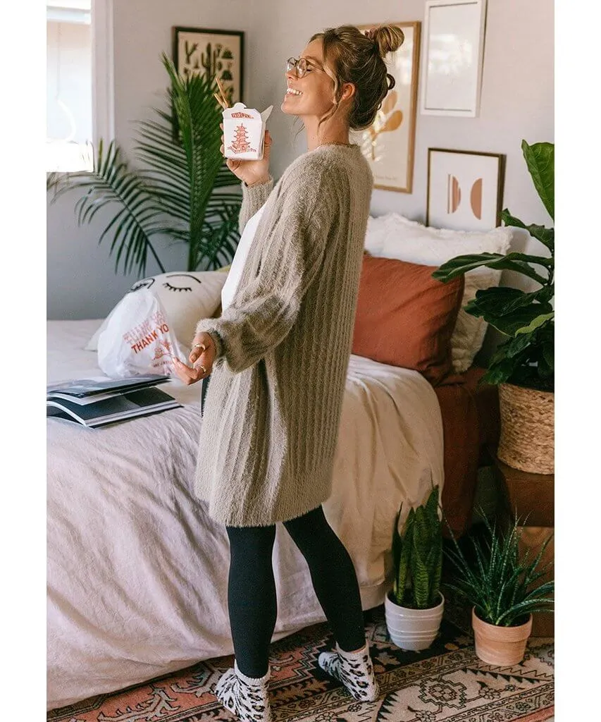Heavenly Fuzzy Rib Cardigan Taupe